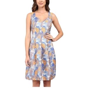 slim fit dress slacks Sleeveless Jacquard Fit And Flare Midi Dress In Blue Multi main image 0
